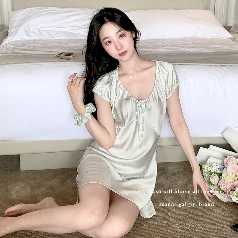 【Water Blue Flower】2025 New Satin Aqua Floral French-Style Sexy Outerwear Vacation Long and Short Nightgown
