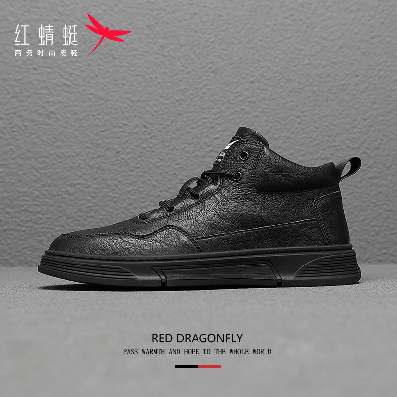 Red Dragonfly High Barrel Men's Shoes Fall 2022 New Trends Casual Leather Shoes Man Mid-Barrel Black Soft Bottom Sports Board Shoes