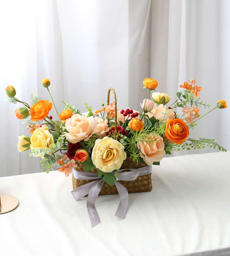 Hand-held flower basket set picnic table layout scenery photography props rattan flower basket imitation silk flower gift confession flower