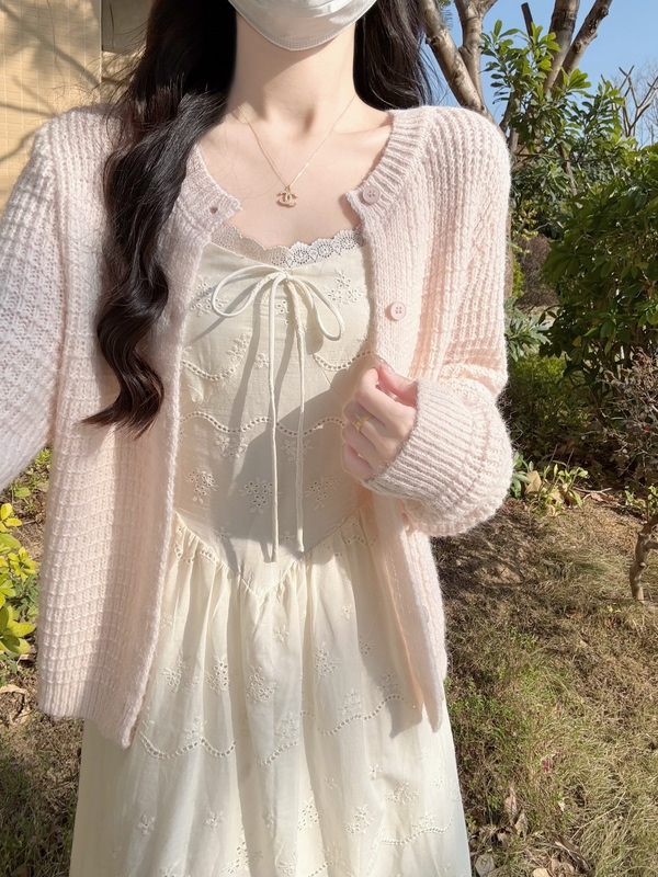 Bluee33 Is Super Gentle! Pink Waffle Knit Cardigan for Women, Early Spring Loose-Fitting Sweater, Long-Sleeved Top