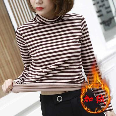 Plus velvet thickened half turtleneck bottoming shirt women's autumn and winter turtleneck self-cultivation warm Western-style striped long-sleeved shirt small shirt women