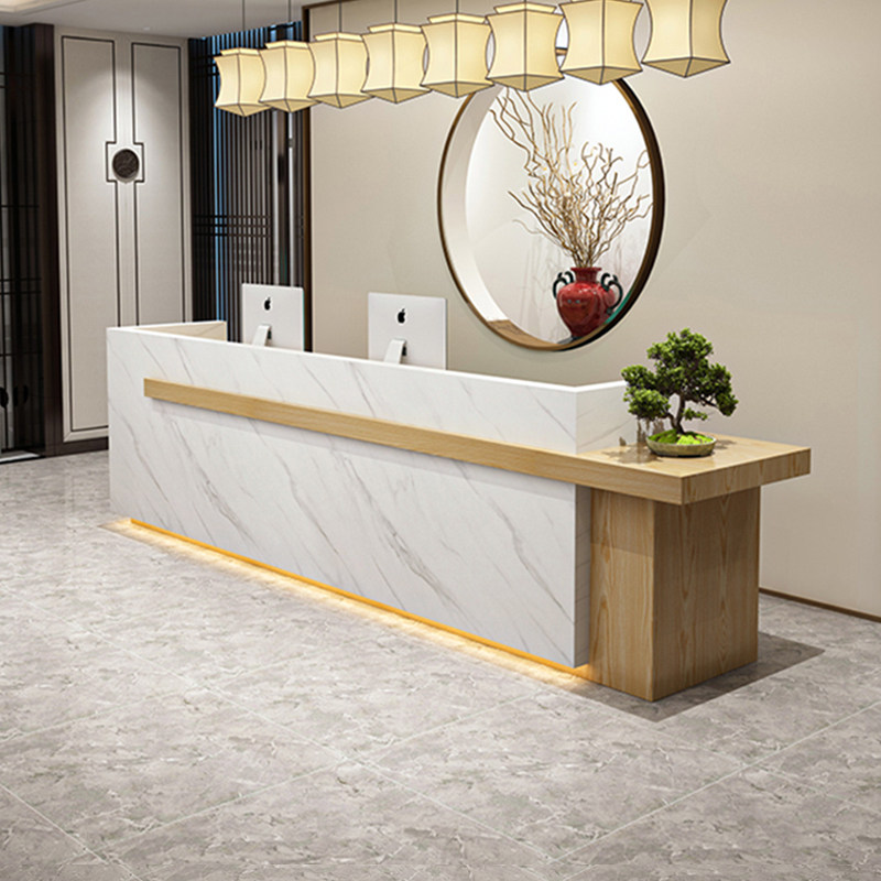 Front Desk Reception Desk Company New Chinese Imitation Marble Service Desk Tea Building Clubhouse Bar Counter Custom Baking Varnish Cashier Counter