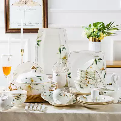 Jingben Jingdezhen ceramic dish set Household European-style simple bone China tableware set bowl combination