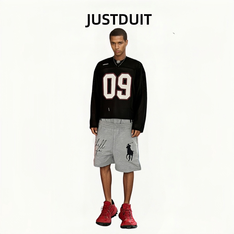 Justduit American Hip-Hop Trendy Brand Embroidered Horse Logo Double Waistband Shorts Men's Summer Loose Casual Five-Point Shorts