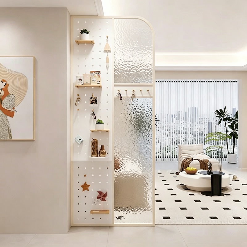 Changhong Glass Perforated Panel Screen for Living Room Entrance, Modern Cream-Style Partition Wall with Storage Shelves