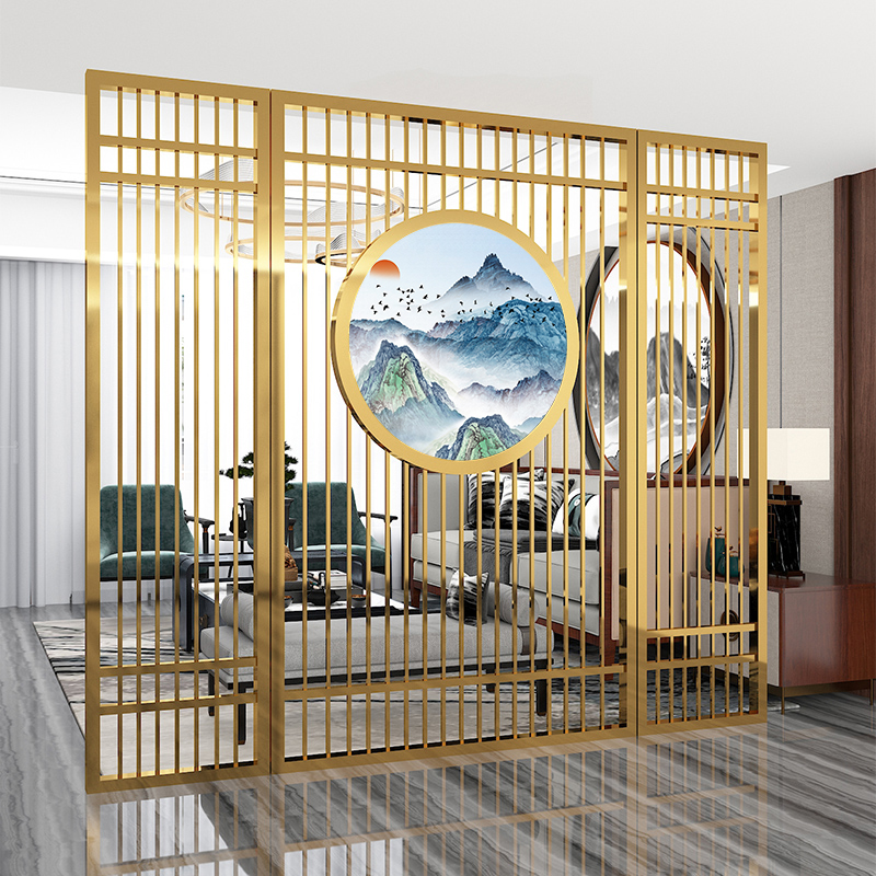 New Chinese stainless steel titanium alloy mesh red tape painted screen partition living room office Decorative Wash Terrace Modern Brief
