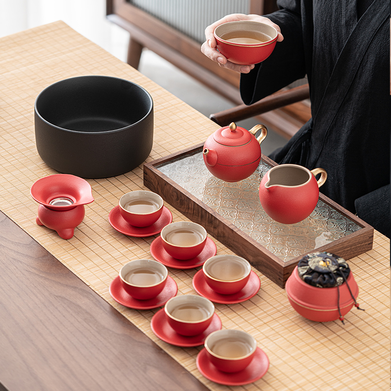 Embarrassing tea set set palace red drawing gold ceramic teapot household simple living room teacup high-end gift box