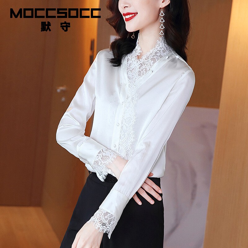 Silent heavyweight Western style mulberry silk top 2021 early spring new lace stitching shirt fashion silk shirt women