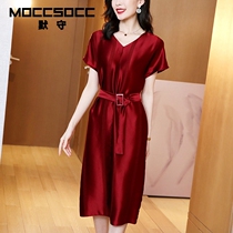 Mergoon 2021 spring summer new wine red acetate satin finish dress V collar short sleeves cashiers slim A-word nepotism