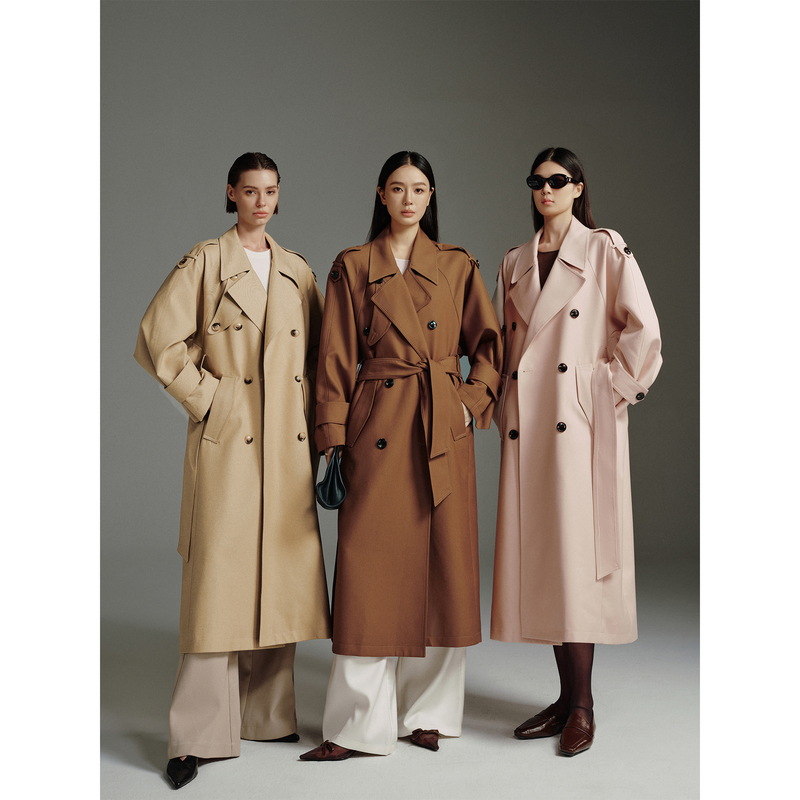 Zhou Miao Zhoumiao【Paris Old Dreams】Classic Silhouette Double-Breasted Trench Coat with Lapel, Long Elegant Coat for Women