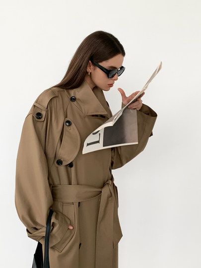 周淼ZHOUMIAO巴黎旧梦经典廓形大翻领双排扣中长款气质风衣外套女