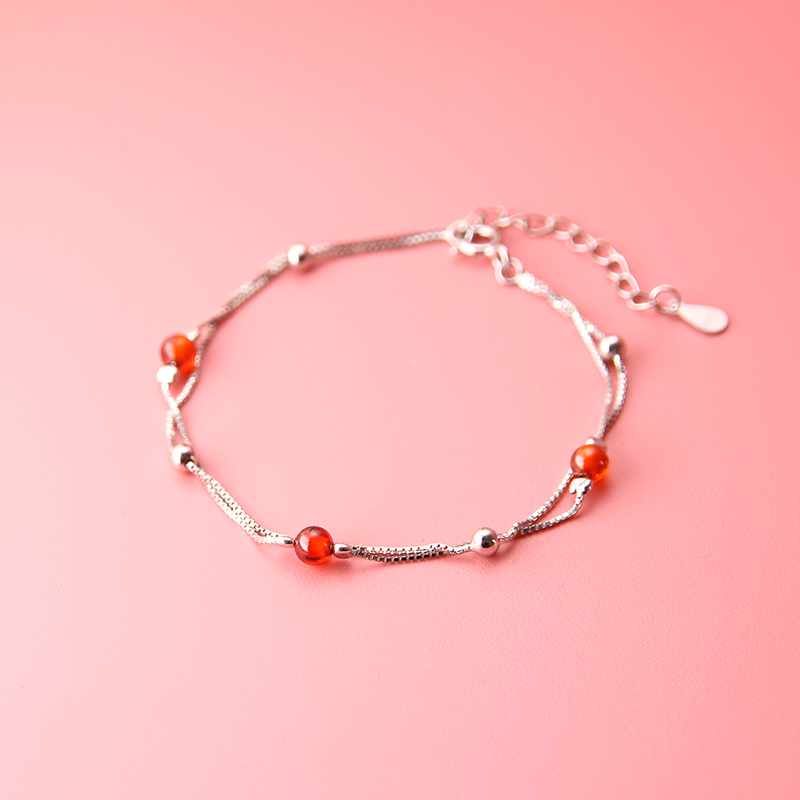 S925 sterling silver hand female double layer red agate Japanese sweet and delicate niche girlfriend gift ins simple bracelet