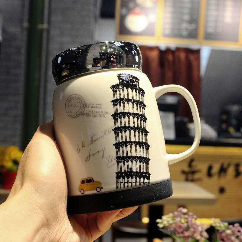 European architectural style ceramic mug mirror with lid large capacity bottom silicone non-slip home office water cup