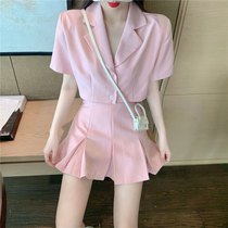 Sandro Moscoloni pink suit women Summer Korean short blazer pleated half skirt