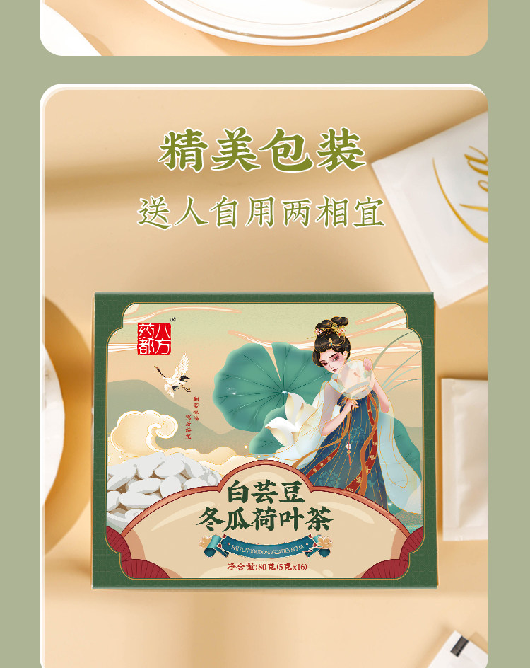  药都八方 新款上新 白芸豆冬瓜荷叶茶 80g(5g*16包) 清宿排便 全身燃脂 刮油去脂 减脂肪