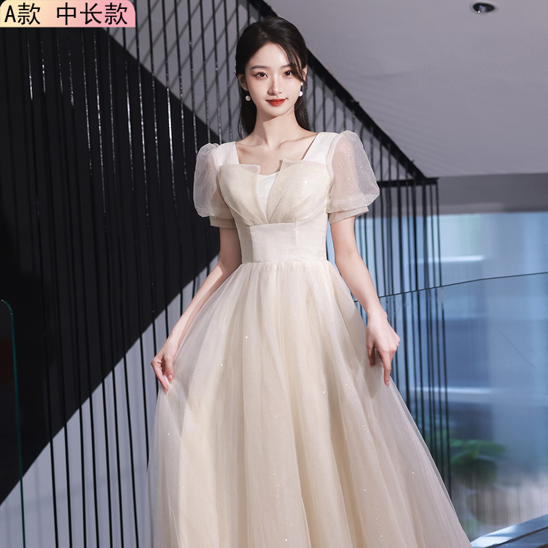  Customized short models will not return, consult customer service+Long, champagne color, mid-length  