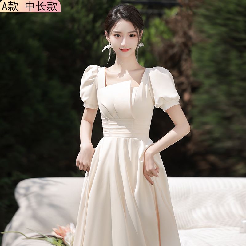  L+Long, summer, thin, champagne color, A-line, mid-length  