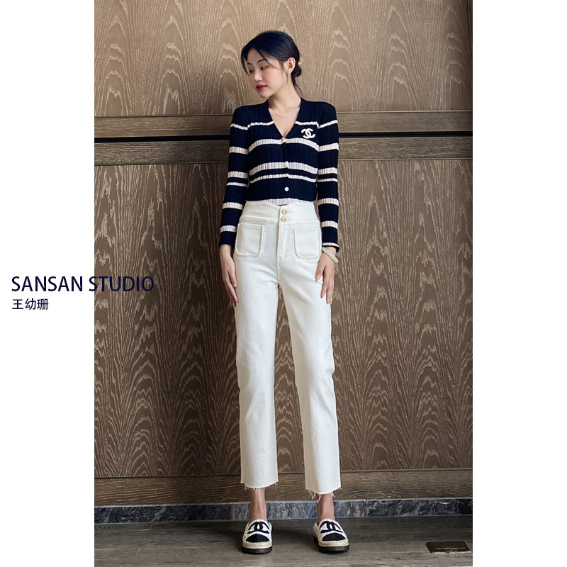 Wang Youshan rice white jeans women's high waist nine points slim straight spring and autumn loose eight points cigarette pipe pants Korean version