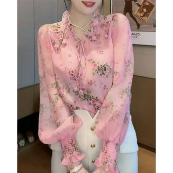 Floral V-neck long-sleeved shirt for women with super design 2024 spring and summer new style noble fashion versatile slimming cardigan