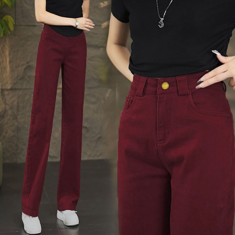 Narrow Wide-Leg Jeans for Women, Autumn and Winter 2026 New Slim-Fit Long Pants, Burgundy Casual Pants, Straight-Leg Pants for Spring and Autumn Narrow Wide-Leg Jeans for Women, Autumn and Winter 2026 New Slim-Fit Long Pants, Burgundy Casual Pants, Straight-Leg Pants for Spring and Autumn