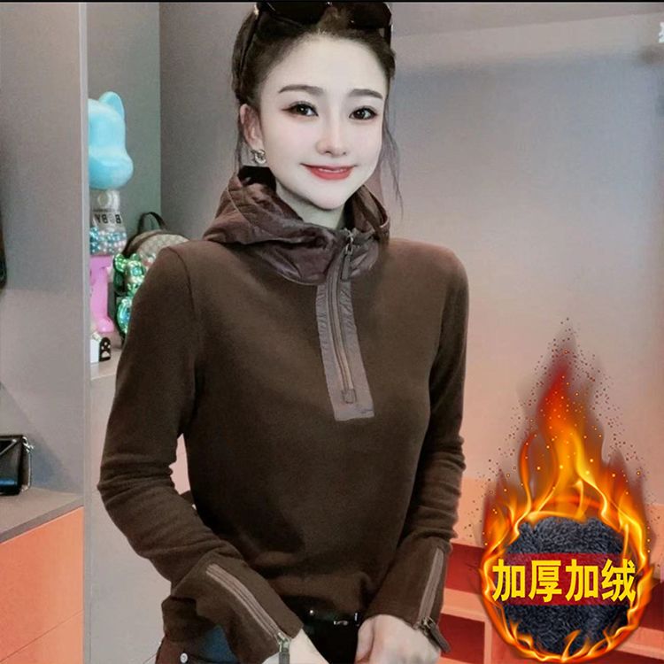 Hooded Fleece-Lined Base Shirt for Women, 2026 Autumn and Winter New Style, Fashionable and Elegant Half-Zip Top, Loose and Slimming Sweatshirt Hooded Fleece-Lined Base Shirt for Women, 2026 Autumn and Winter New Style, Fashionable and Elegant Half-Zip Top, Loose and Slimming Sweatshirt