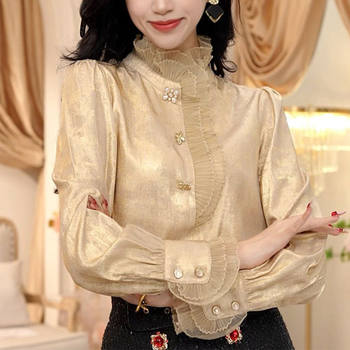 High-end French lace shirt women's spring new satin lace stand-up collar fashionable inner bottoming shirt long-sleeved top