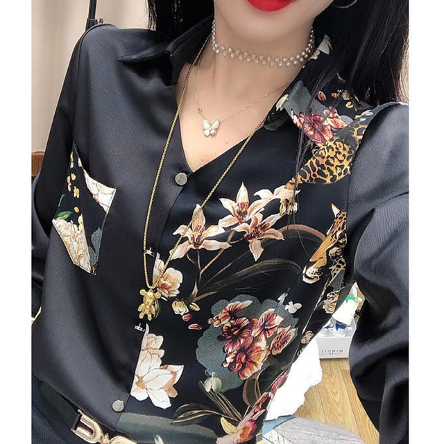 Shirt women's design niche print high-end silky drape top women's 2024 new shirt long-sleeved shirt