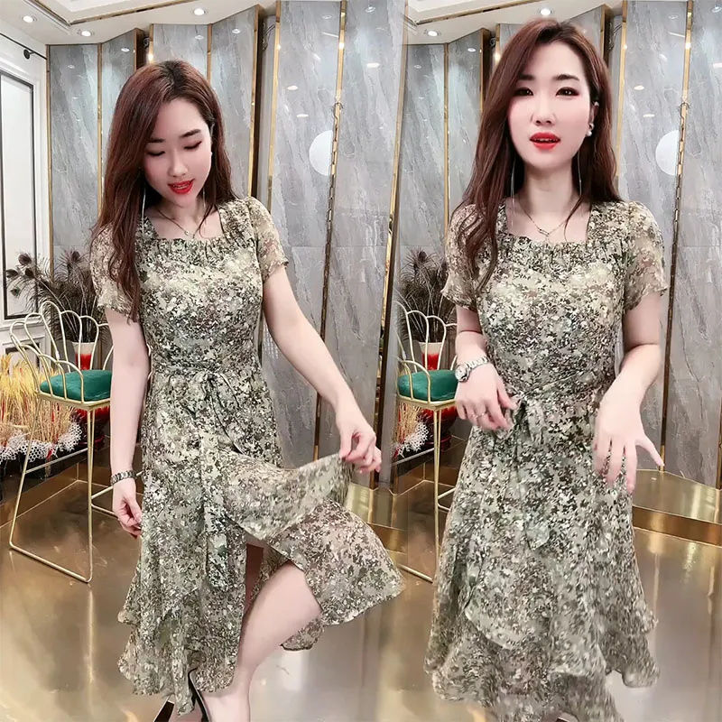 Trendy Dress for Women 2026 Spring/Summer New Style Elegant Square Neck Short Sleeve Floral Bodycon Asymmetrical Slit Dress Trendy Dress for Women 2026 Spring/Summer New Style Elegant Square Neck Short Sleeve Floral Bodycon Asymmetrical Slit Dress