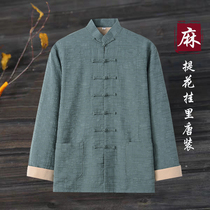Elderly Tang suit mens long sleeve cotton linen grandfather autumn coat Chinese buckles coat Chinese style retro clothes