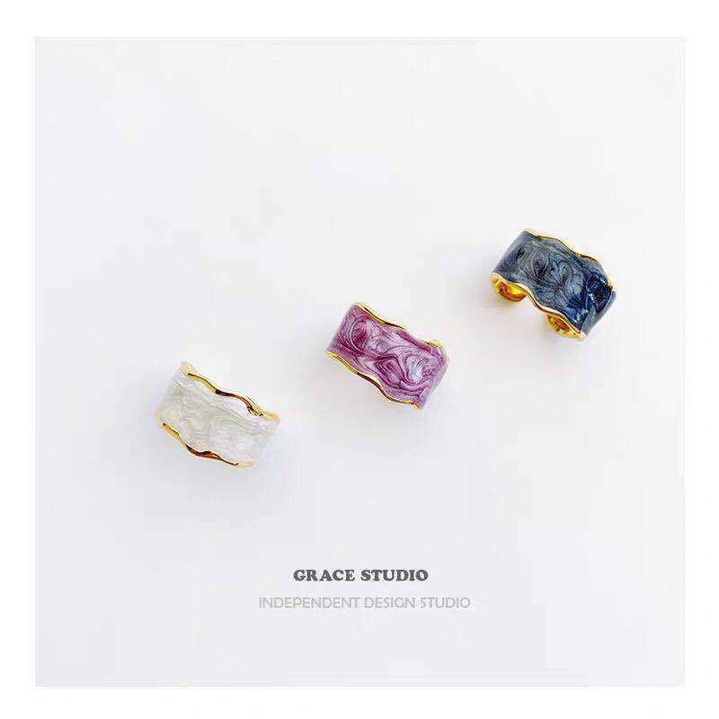 Zdyeing ring South Korean glazed face openings Ins retro small crowddesign 100 hitch colorful handmade irregular enamel