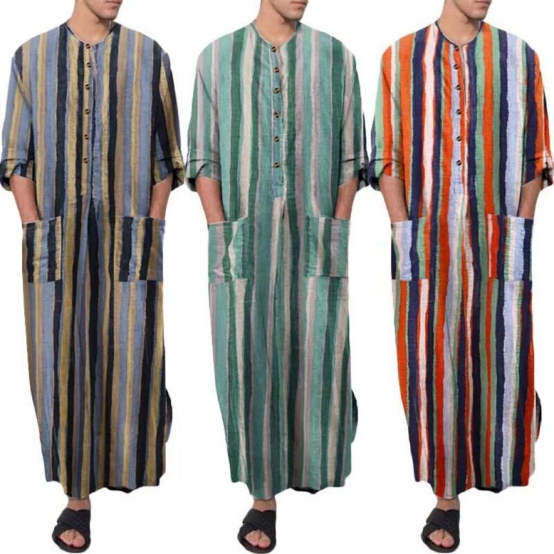 Robe2026 Spring and Summer New Style Loose Stand-Up Collar Striped Long-Sleeved Long Robe Men's One-Piece Outer Wear Long Shirt