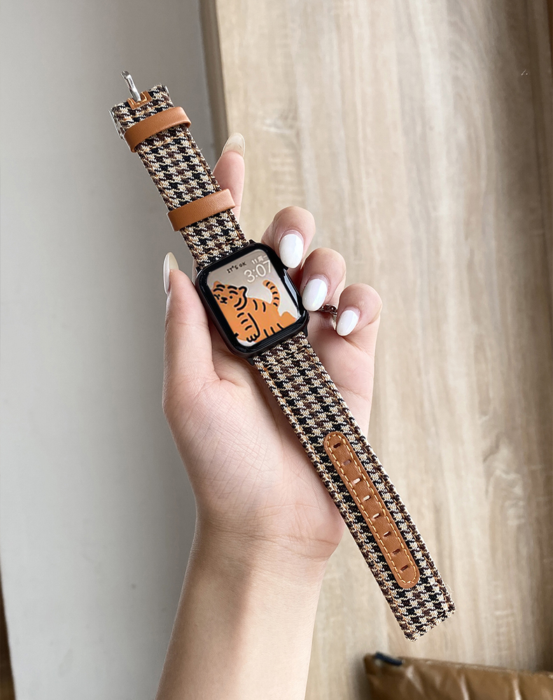 Retro houndstooth leather canvas for iwatch7 8 apple watch strap applewatch654SE female niche