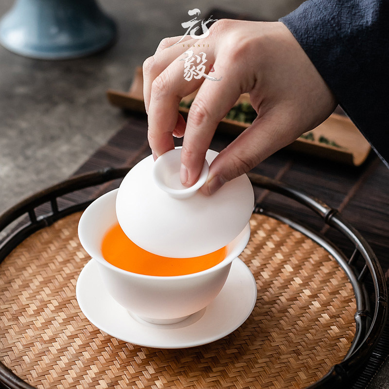 Dehua Su-fired Handmade White Porcelain Sancai Suet White Jade Porcelain Cover Bowl Set High-end Single Kung Fu Ceramic Tea Bowl