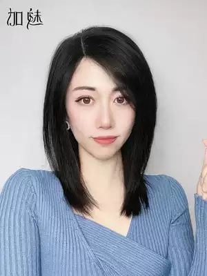 Wig female long hair full headgear type real hair clavicle hair short hair headgear three seven oblique bangs wig set natural