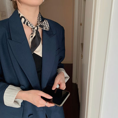 赫本时髦高级感千鸟格细长条窄丝巾法式复古优雅小香风飘带绑发带