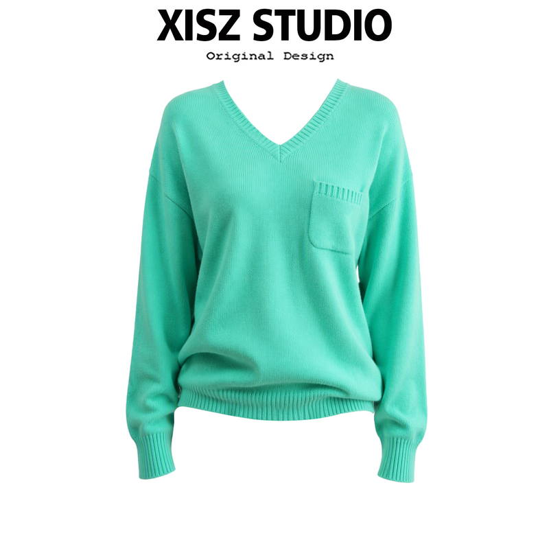 Simple and Casual Style V-Neck Pocket Design Knit Sweater for Women, Autumn Loose Long-Sleeve Pullover Versatile Green Sweater Ins Simple and Casual Style V-Neck Pocket Design Knit Sweater for Women, Autumn Loose Long-Sleeve Pullover Versatile Green Sweater Ins