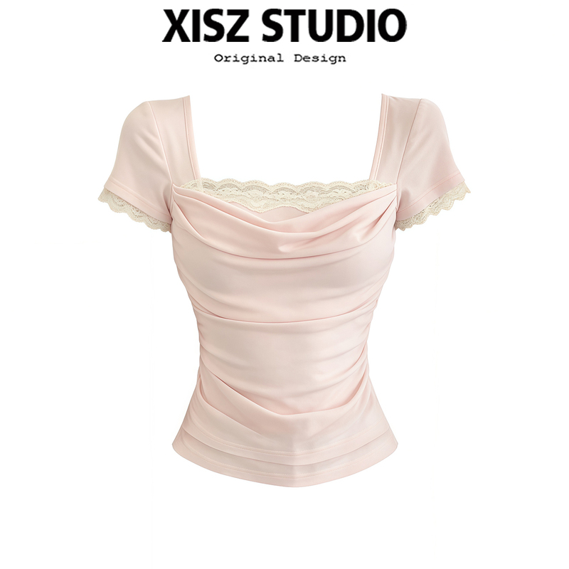 Sweet Girly Style Pink Lace Splicing Square Neck Short-Sleeved Top for Women Summer New Pleated Design Age-Reducing T-Shirt