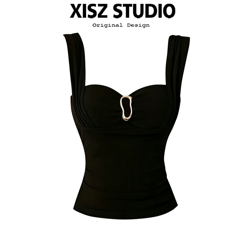Purely Sensual Hot Girl Style Black Camisole with Built-In Bra Pads for Women, Summer Waist-Cinching, Slimming, Sexy, Versatile Sleeveless Top