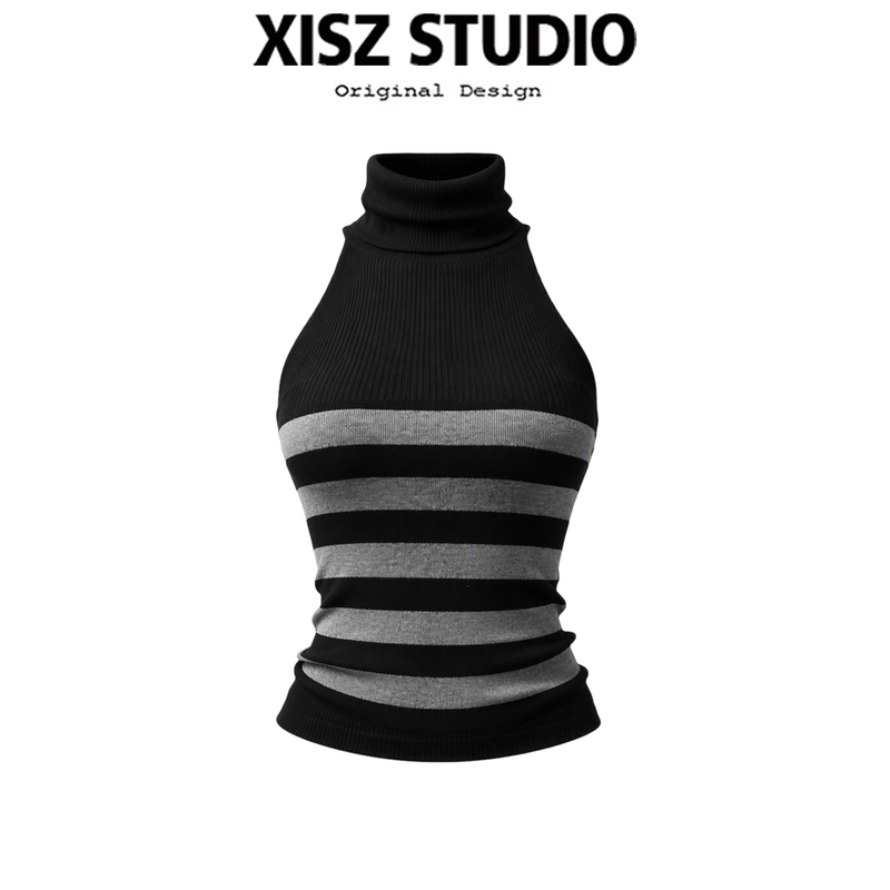 Retro Striped Turtleneck Sleeveless Knit Top for Women, New Autumn Fashion Versatile Slim-Fit Halter Neck Tank Top Trendy