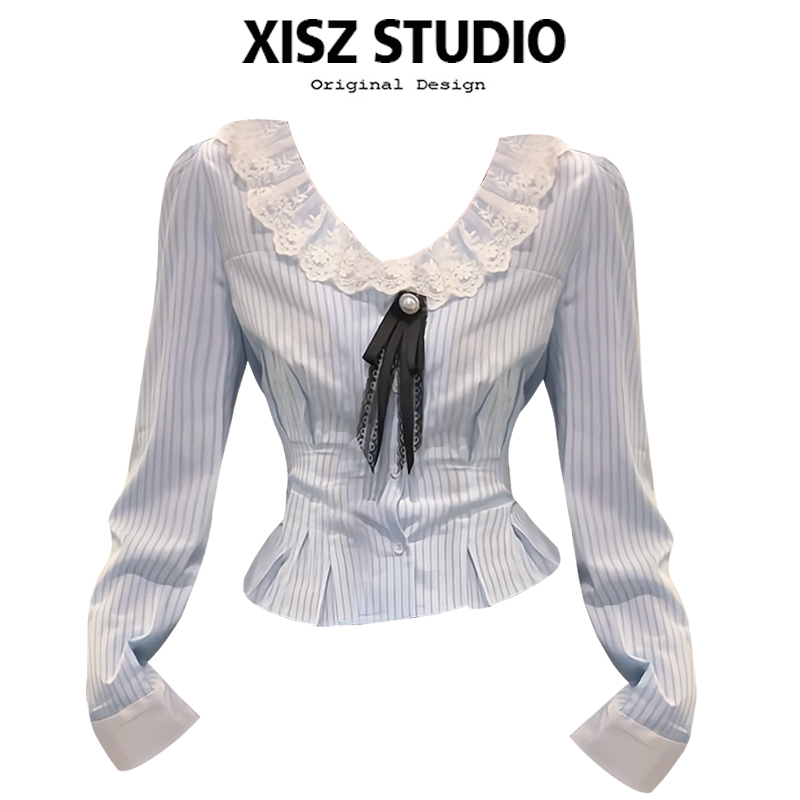 Designed Blue Striped Waist-Cinching Shirt for Women with Lace Trim, Short Shirt for Early Autumn, Slimming, Preppy Style Top