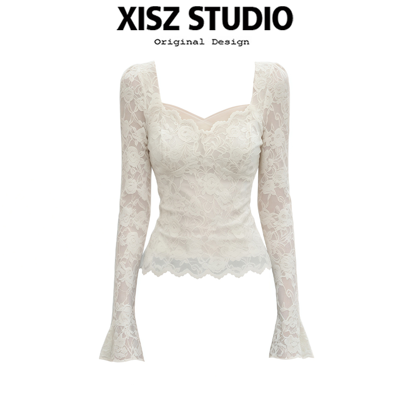 French Lace Bell-Sleeve Slim-Fit Base Shirt for Women, New Autumn Style, Gentle, Sweet, Versatile, Elegant Long-Sleeve Top, Trendy