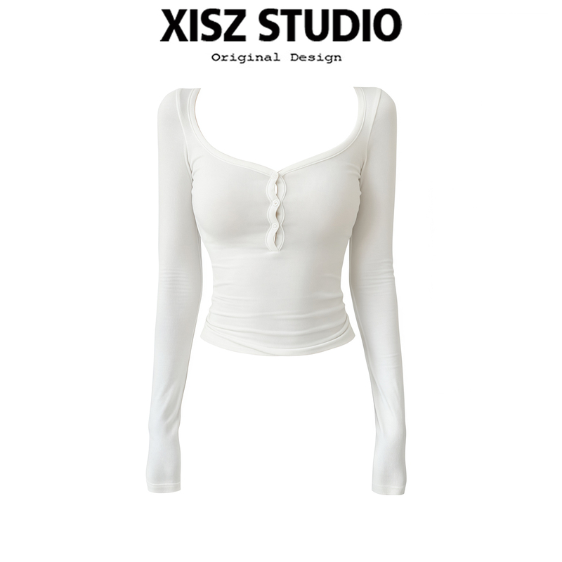 Hot Girl Style White Large U-Neck Short Long-Sleeved Top for Women, New Autumn Fashion Versatile Slimming Sexy Base Shirt
