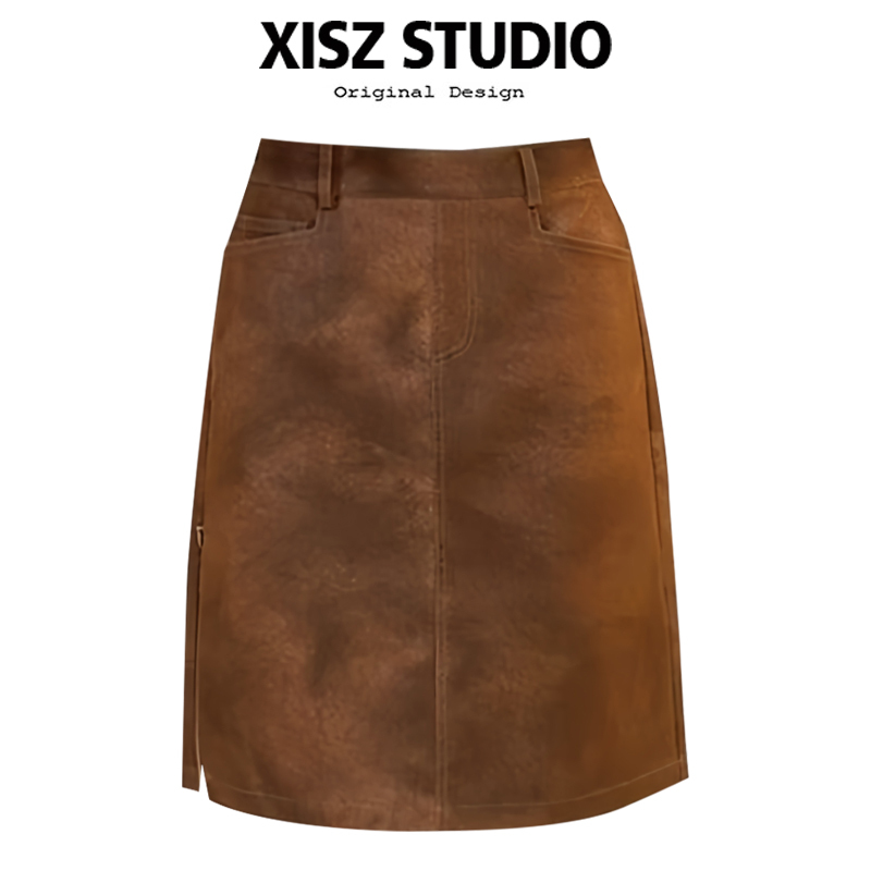 Retro Maillard High-Waisted Suede Leather Skirt with Slit Design for Women, Autumn and Winter Fashion Niche Sexy A-Line Skirt Retro Maillard High-Waisted Suede Leather Skirt with Slit Design for Women, Autumn and Winter Fashion Niche Sexy A-Line Skirt