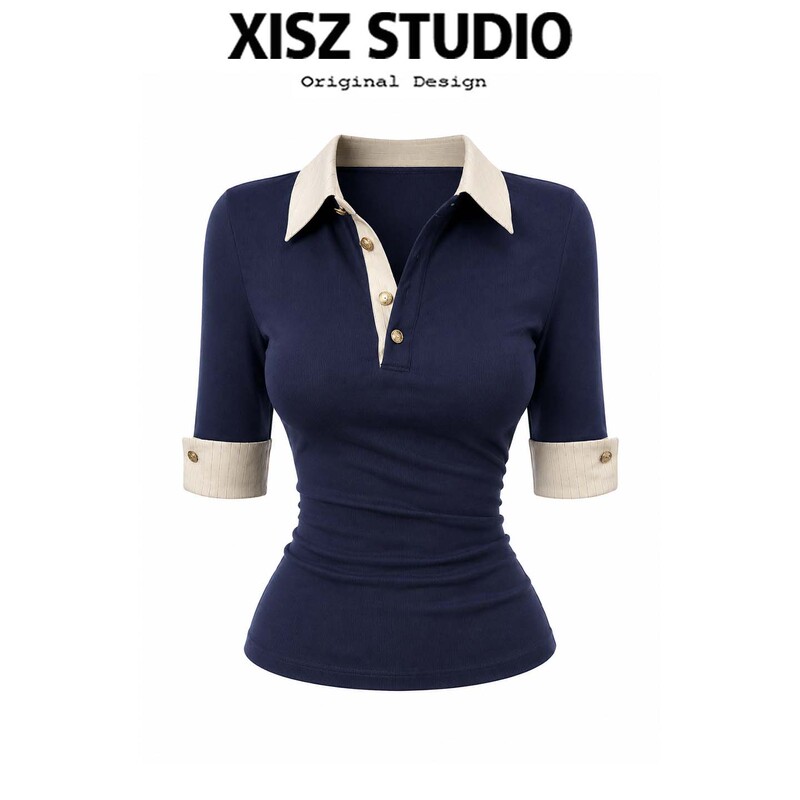 Retro Style Polo Collar Fake Two-Piece Contrasting Color Short-Sleeved T-Shirt for Women Summer New Versatile Slim Fit Lapel Top