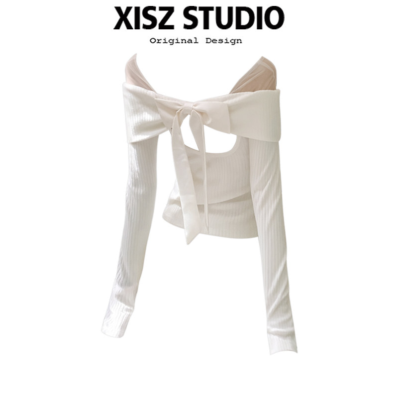 Sweet and girly off-shoulder mesh bow knit top, autumn style with a subtle open back design.