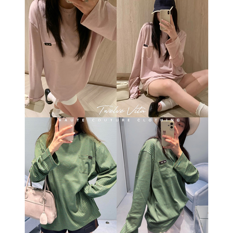 Twelve Vitat Super White 26 Autumn College Style Contrast Color Striped Letter Pocket Round Neck Long Sleeve T-Shirt for Women Twelve Vitat Super White 26 Autumn College Style Contrast Color Striped Letter Pocket Round Neck Long Sleeve T-Shirt for Women