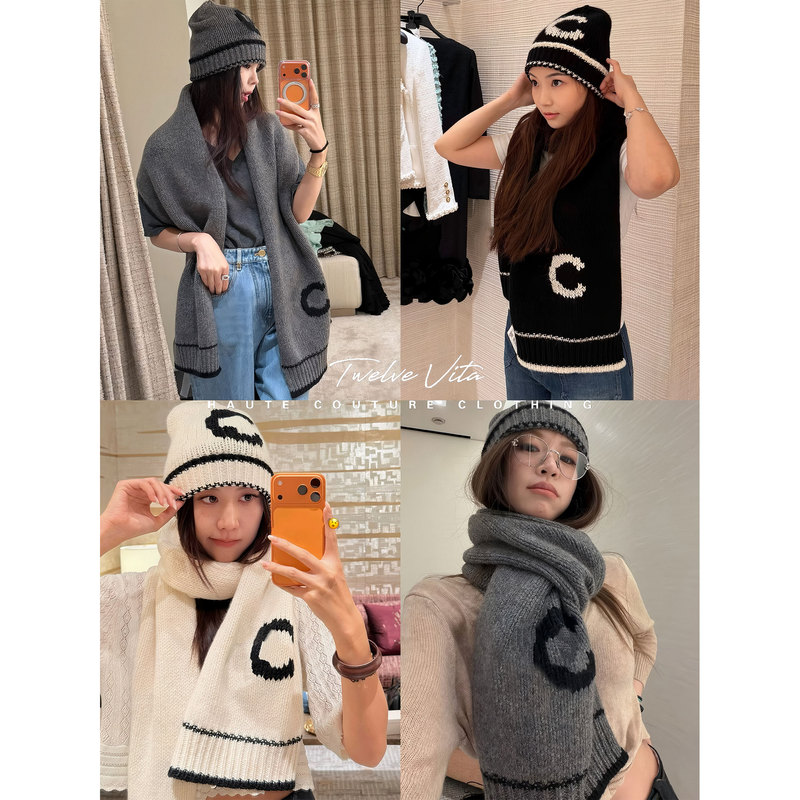 Twelve Vita Handmade Series 26A Letter Embroidery Classic Contrast Color Cashmere Knitted Beanie Scarf Shawl Twelve Vita Handmade Series 26A Letter Embroidery Classic Contrast Color Cashmere Knitted Beanie Scarf Shawl