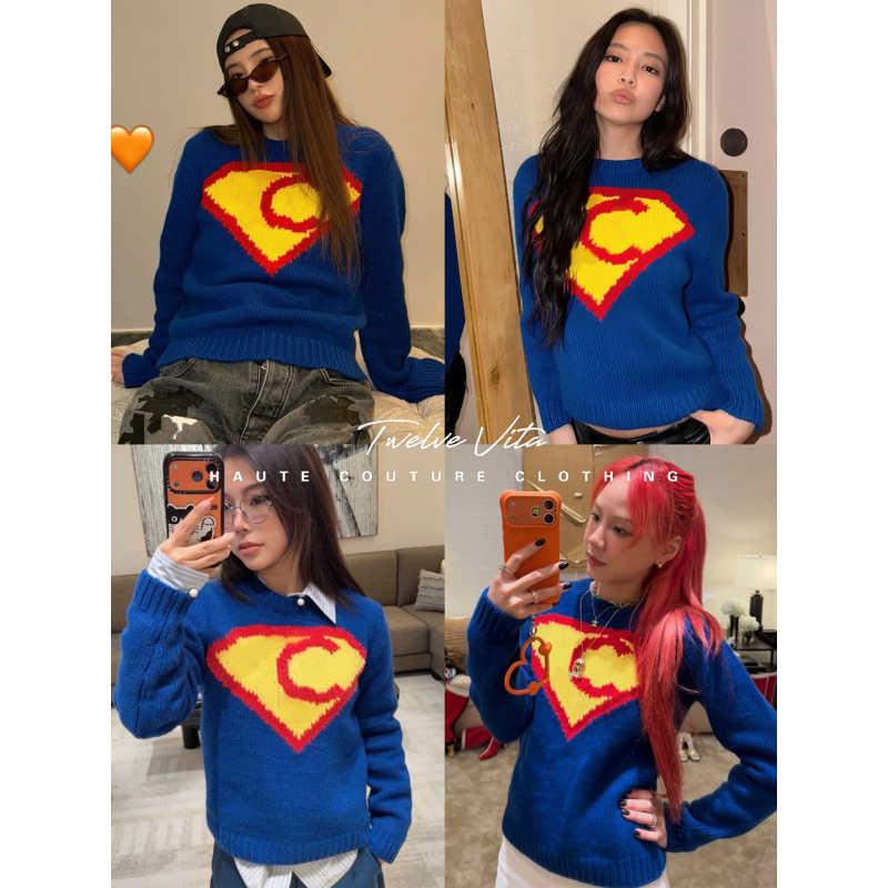 Twelve Vita Jennie Same Style 26Ss Superman Diamond Letter Klein Blue Sweater Top for Women Twelve Vita Jennie Same Style 26Ss Superman Diamond Letter Klein Blue Sweater Top for Women