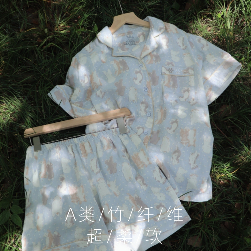 Jiangyi Cotton Class a Bamboo Fiber Pajamas for Women, Short Sleeve Shorts, Summer Double-Layer Gauze Homewear, Long Sleeve Long Pants, Breathable for Spring and Summer Jiangyi Cotton Class a Bamboo Fiber Pajamas for Women, Short Sleeve Shorts, Summer Double-Layer Gauze Homewear, Long Sleeve Long Pants, Breathable for Spring and Summer