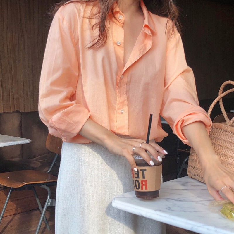 Orange Shirt for Women, Loose and Casual, Long-Sleeved Pure Cotton Shirt, Unique Design, Niche Style, Early Spring 2026